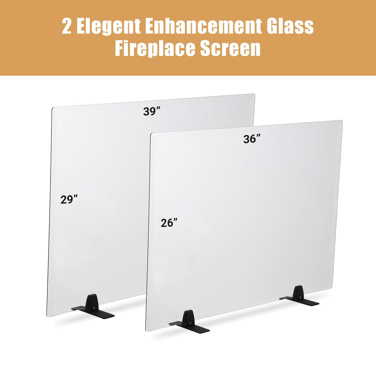 36 Inch Tempered Glass Fireplace Screen with Metal Black Base L73482