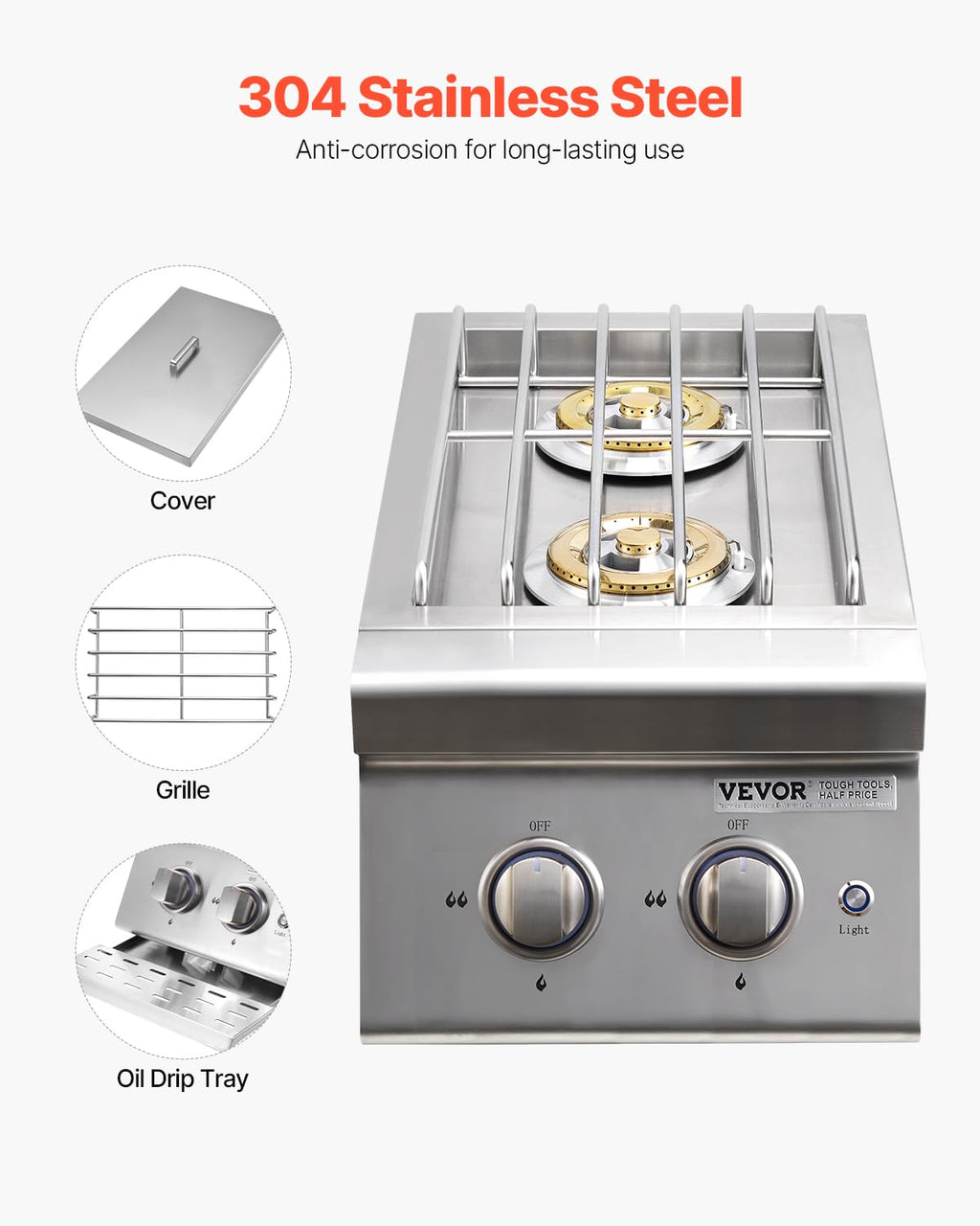 Double Side Burners, 2 x 17,000BTU Liquid Propane, Convertible to Natural Gas, 304 Stainless Steel Built-in C448457