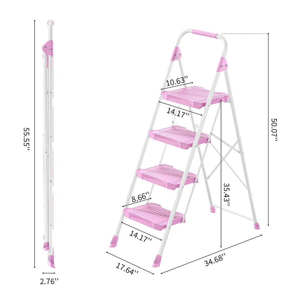 4 Step Pink Foldable Step Stool with Handrail L537