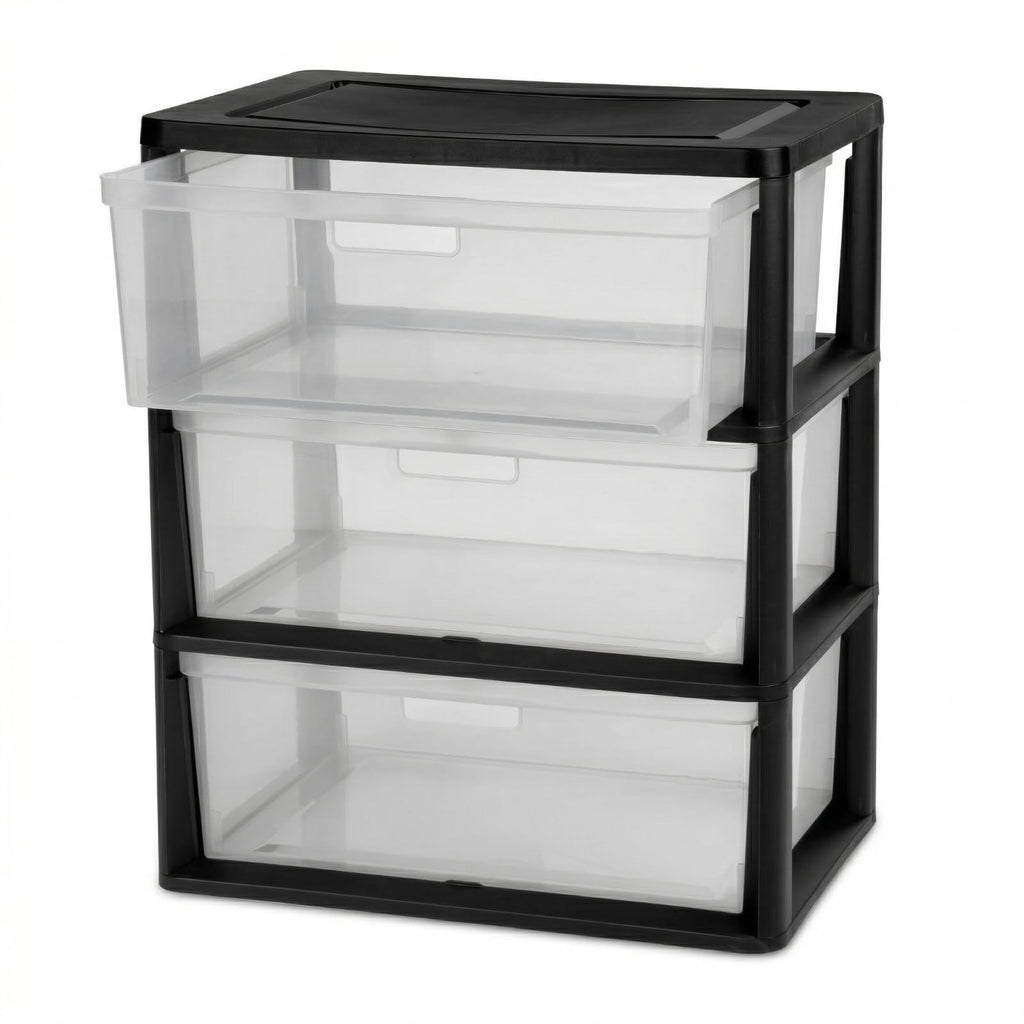 Black 3 Drawer Storage Organizer Tower with Clear Plastic Bins O976714