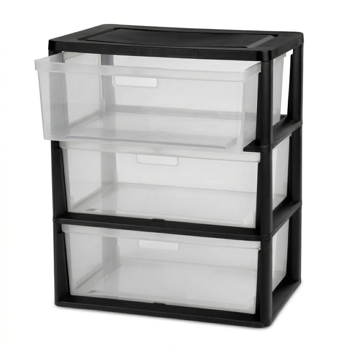Black 3 Drawer Storage Organizer Tower with Clear Plastic Bins O976714