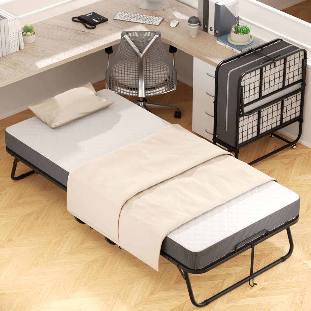 Foldable Single Bed with 5" Memory Foam Mattress and Wheels V548
