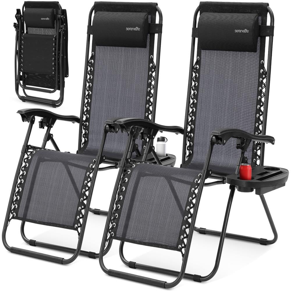 2 Pack Black Zero Gravity Lounge Chairs with Side Table C58016