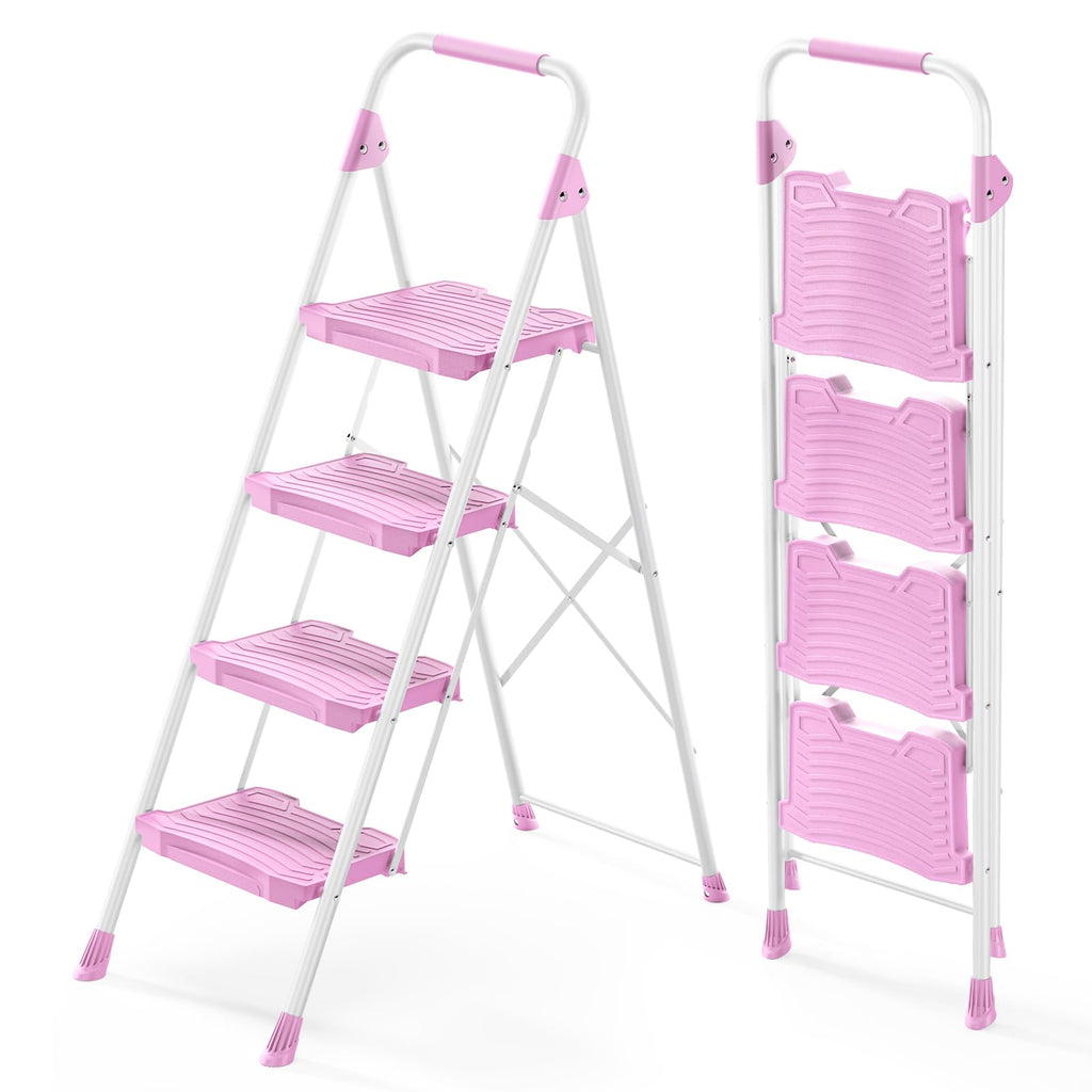 4 Step Pink Foldable Step Stool with Handrail L537