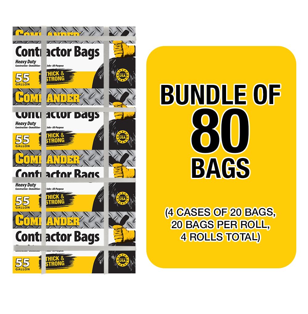 55 Gallon Heavy Duty Contractor Bags with Flap Ties, Pack of 80 G155