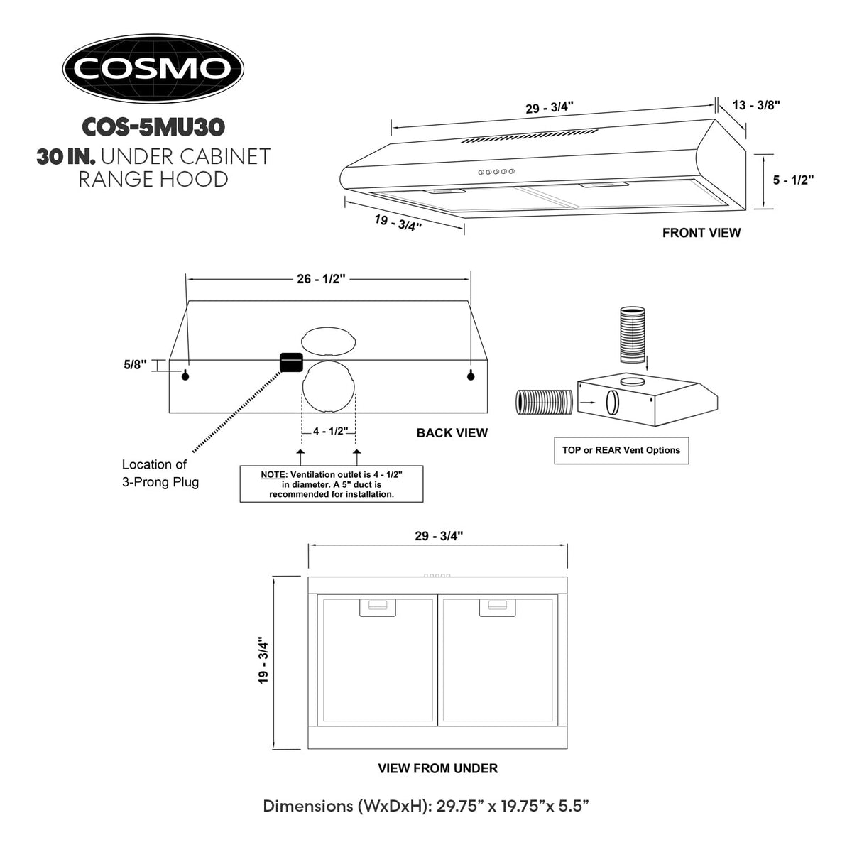 30 in. Under Cabinet Range Hood with LED Lights, Stainless Steel U8358