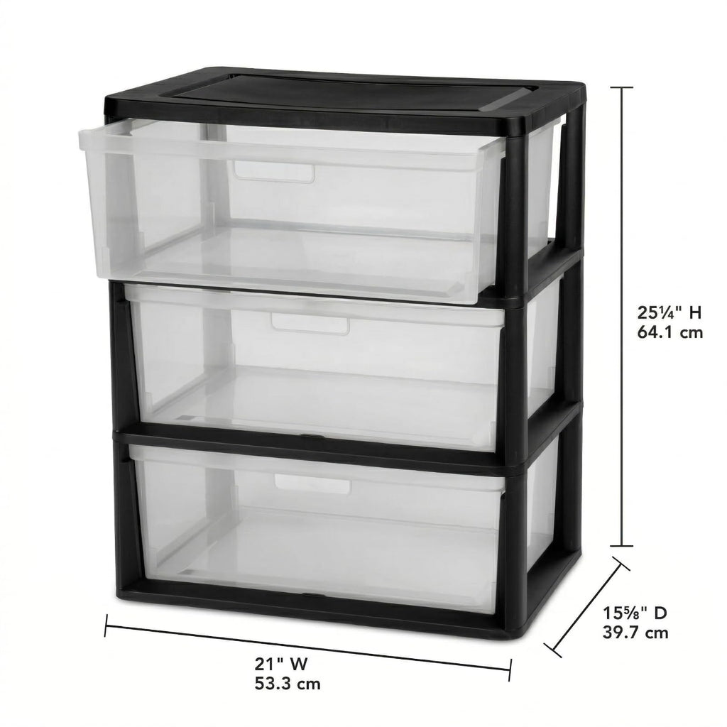 Black 3 Drawer Storage Organizer Tower with Clear Plastic Bins O976714