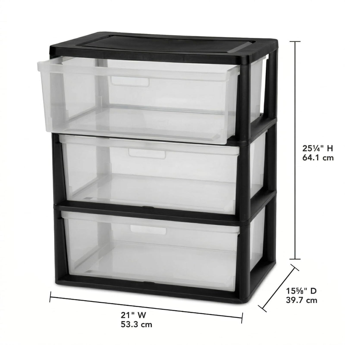 Black 3 Drawer Storage Organizer Tower with Clear Plastic Bins O976714
