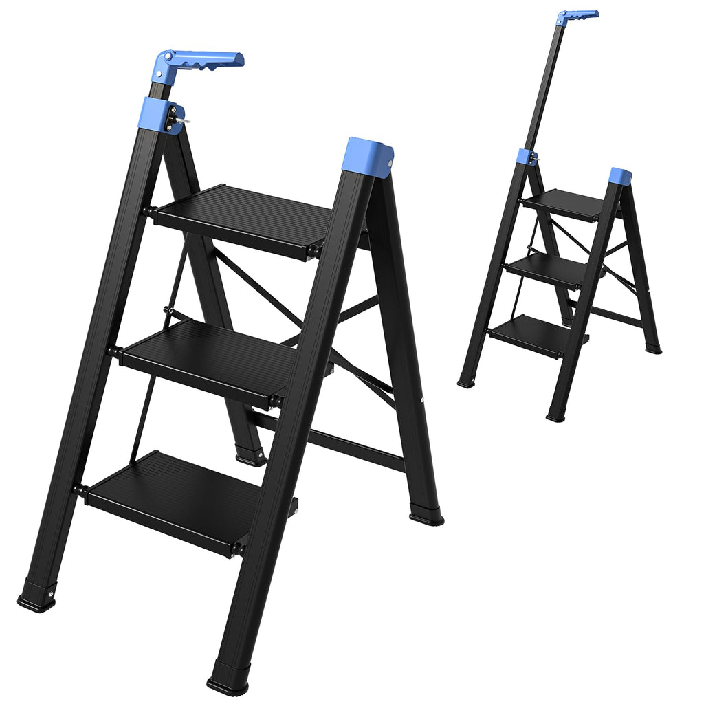 3 Step Foldable Stool with Single-Handrail Blue T70892