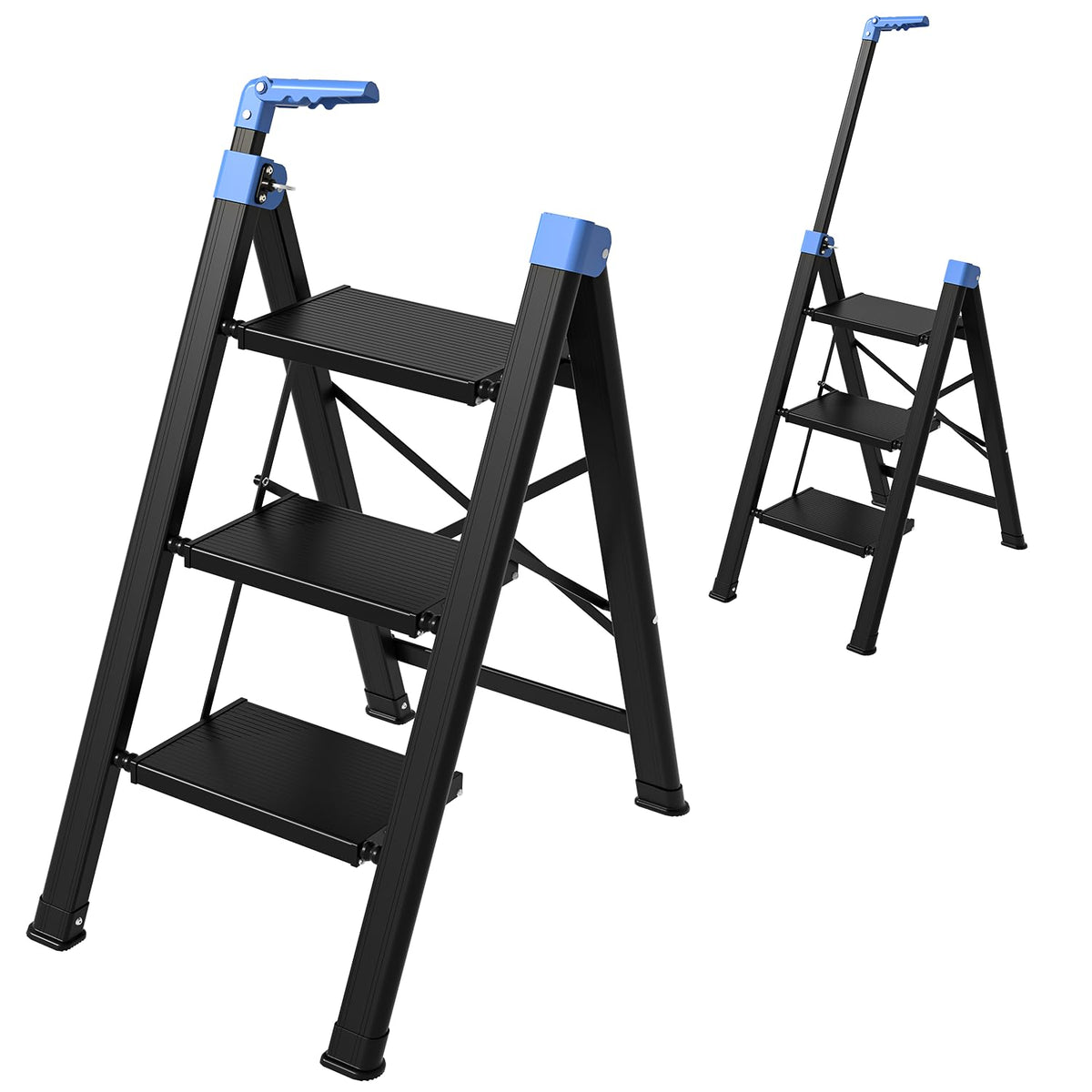 3 Step Foldable Stool with Single-Handrail Blue T70892