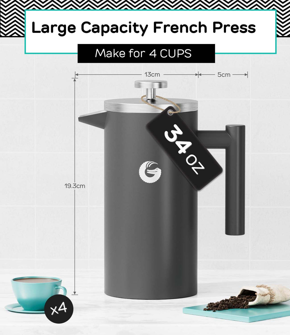 Gray 34 oz French Press Coffee Maker M5236