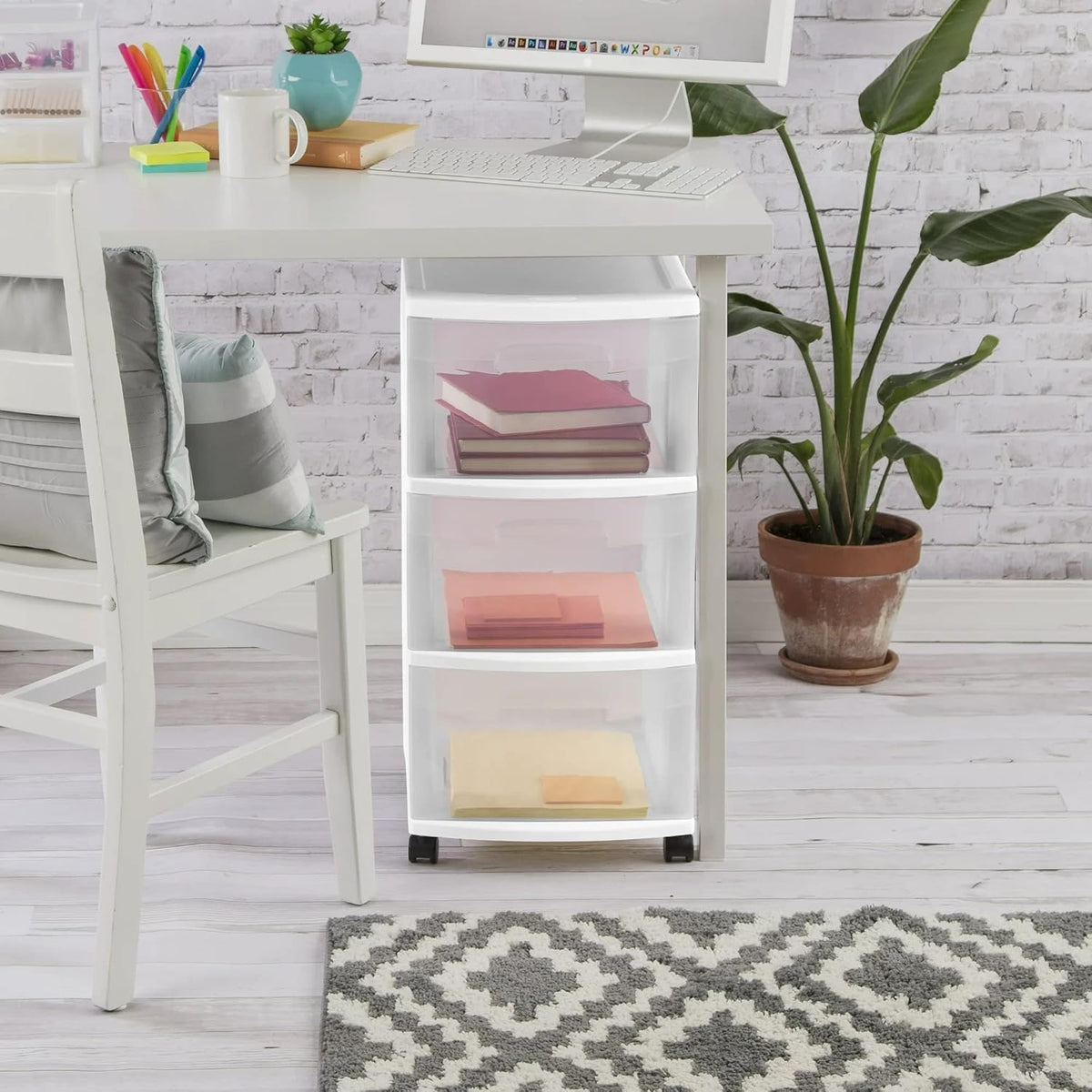 Plastic Storage Drawer Cart with 3 Drawers and Wheels, White K5180