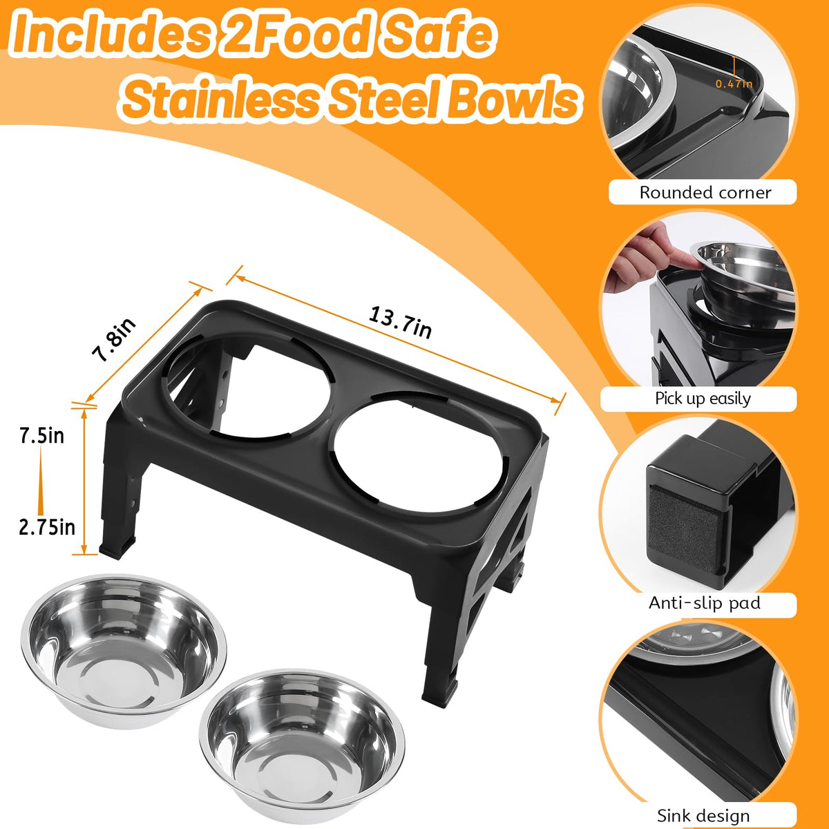 Elevated Dog Bowls with 2 Stainless Steel Bowls Non-Slip Adjusts to 3 Heights F55651