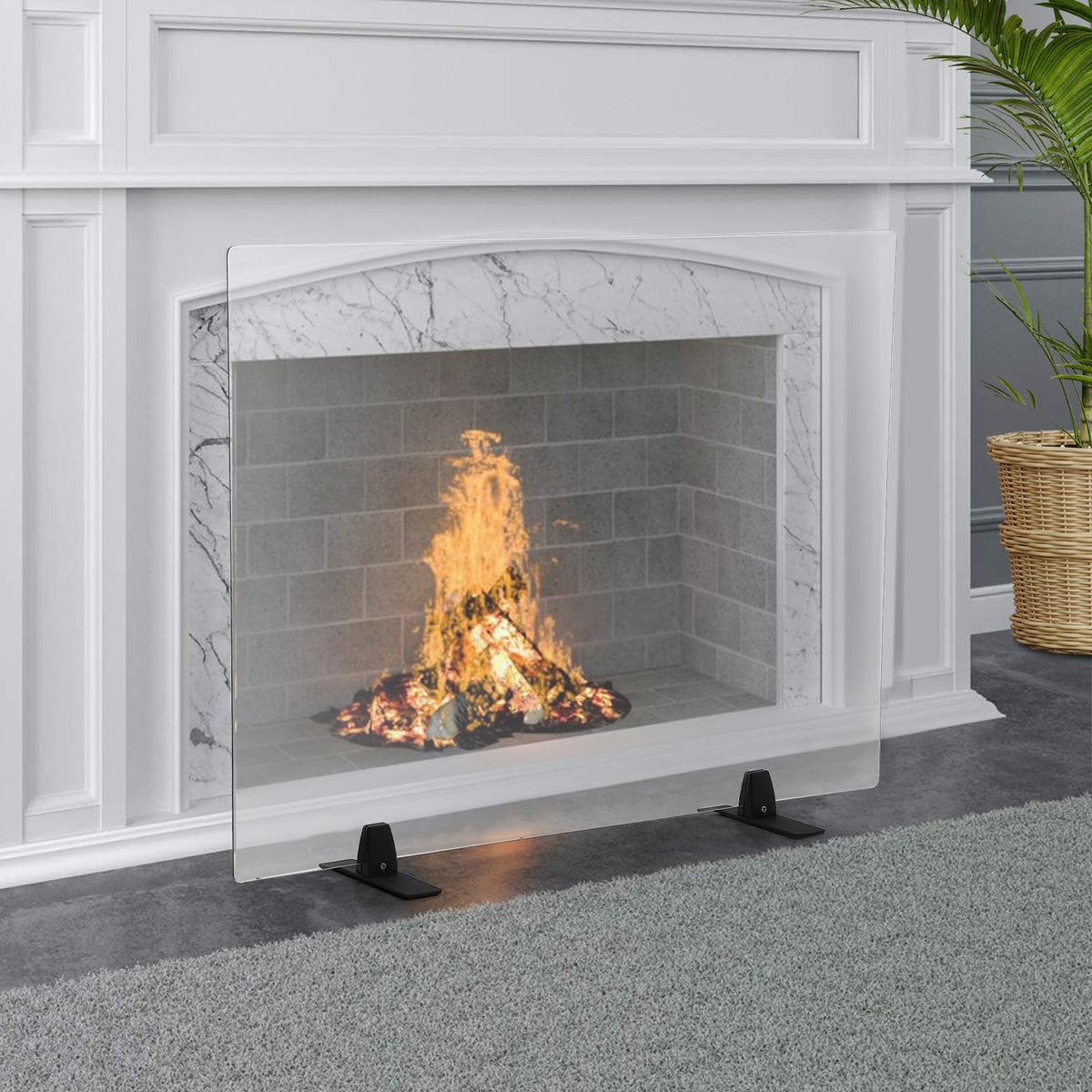 36 Inch Tempered Glass Fireplace Screen with Metal Black Base L73482