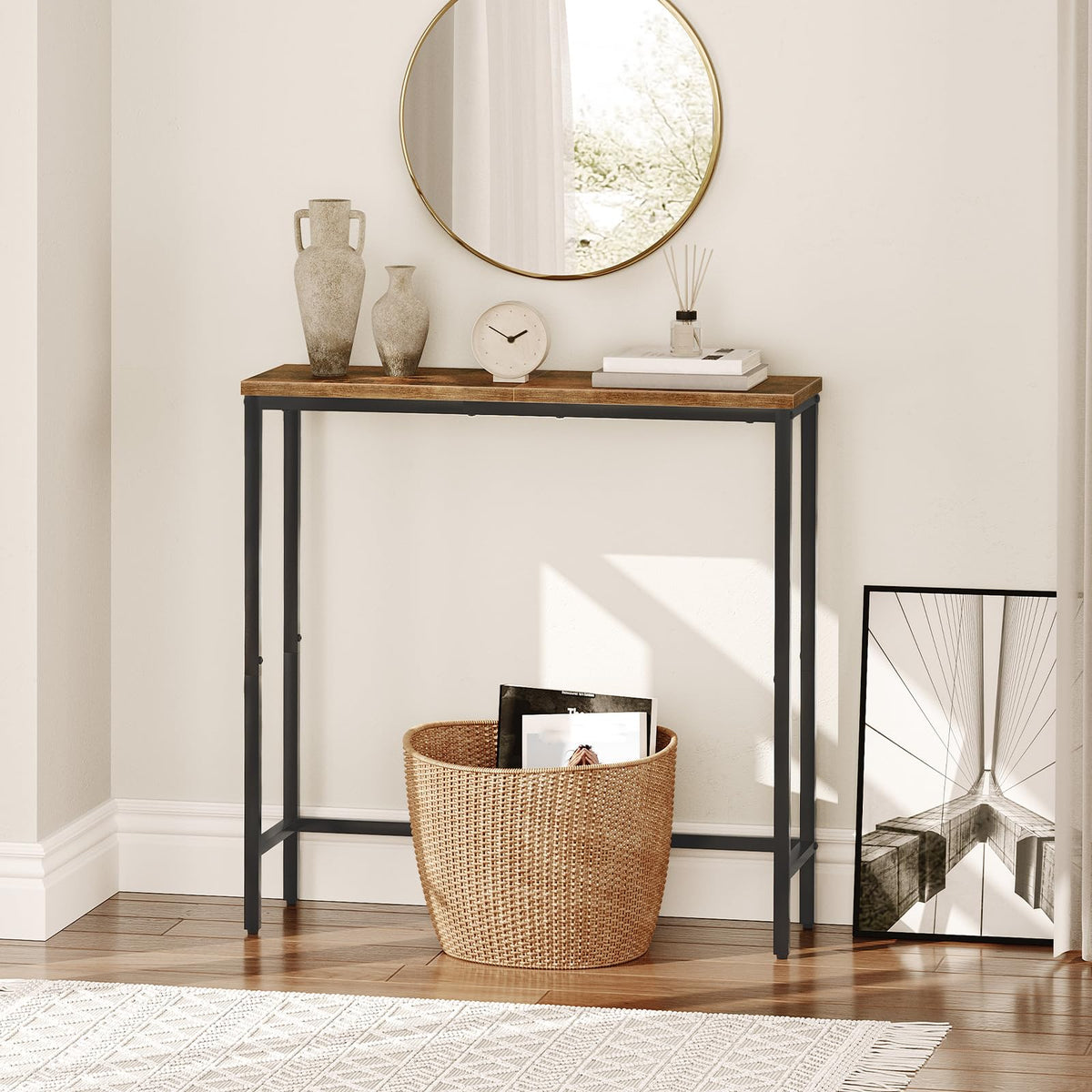 Narrow Console Table, Rustic Brown and Black U291636