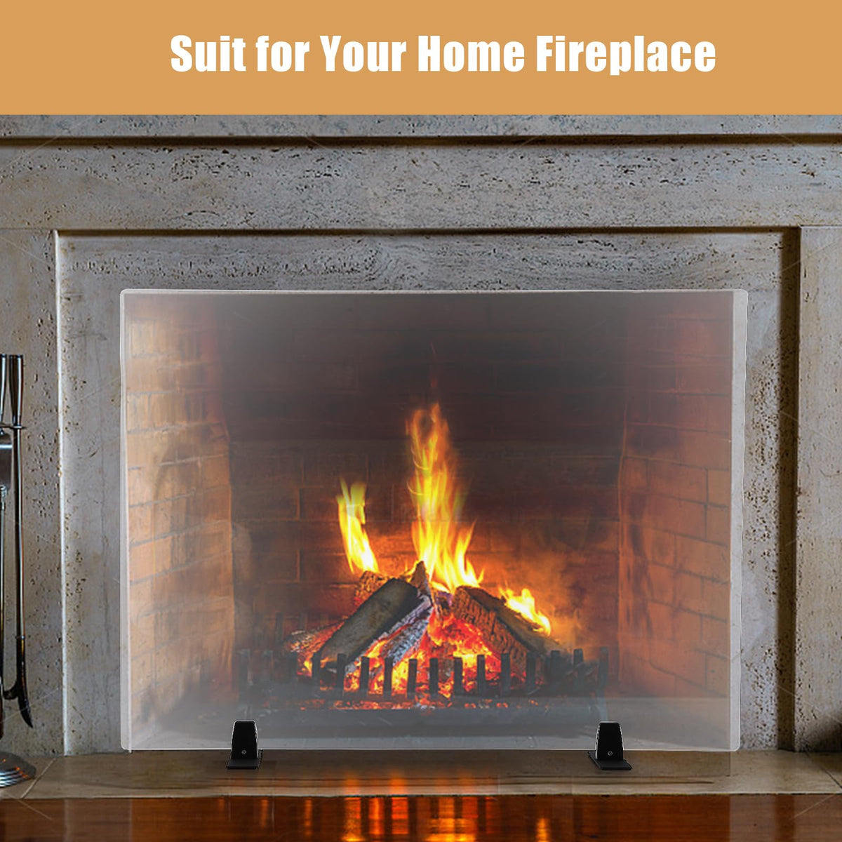 36 Inch Tempered Glass Fireplace Screen with Metal Black Base L73482