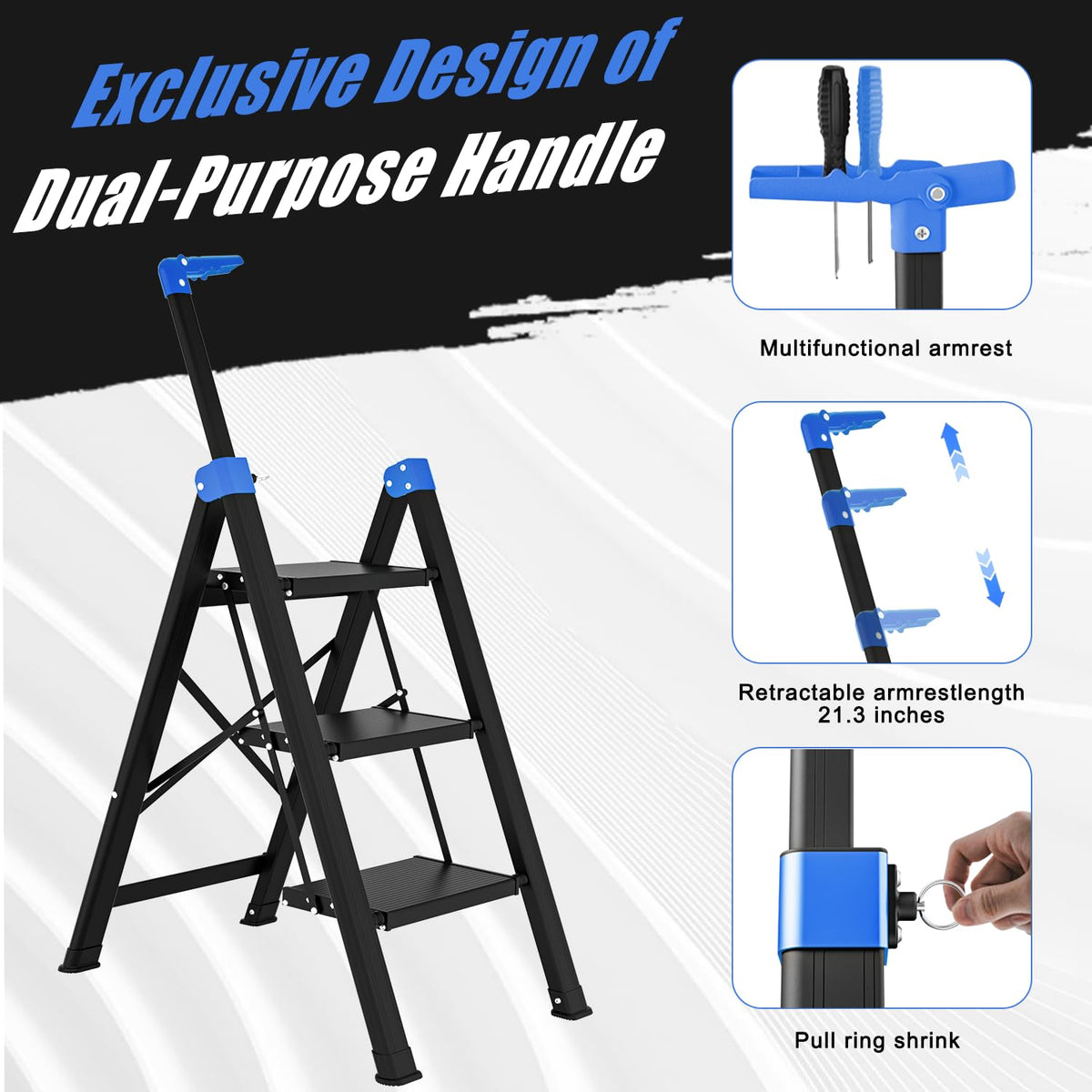 3 Step Foldable Stool with Single-Handrail Blue T70892