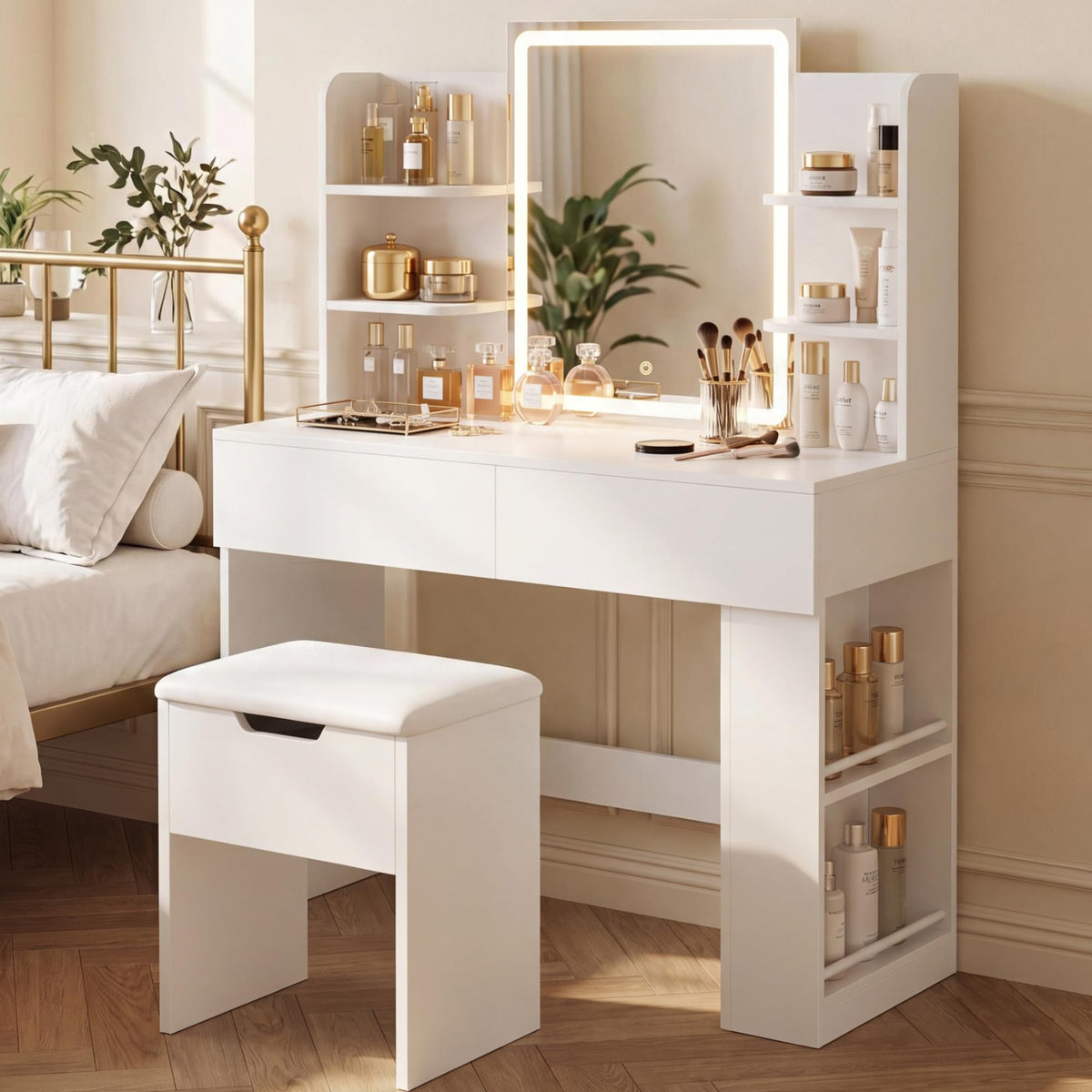 White Vanity Desk Set with LED Mirror F7975