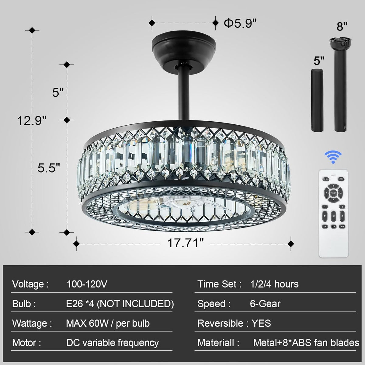 20" Black Crystal Ceiling Fan with Lights F761