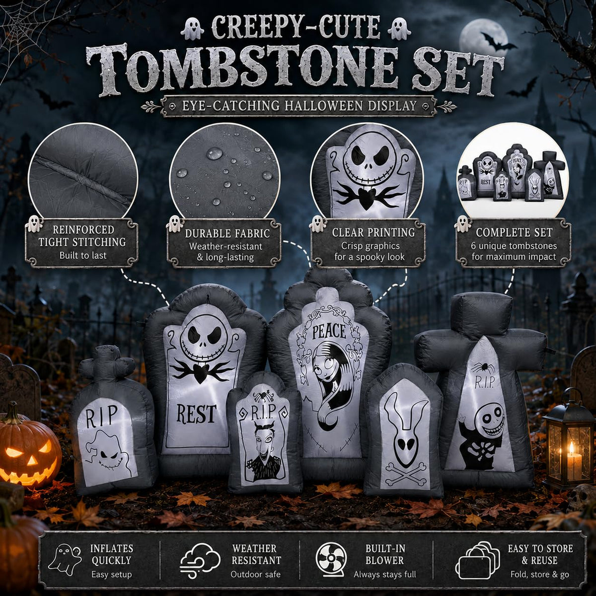 6.9FT Inflatable Tombstone Set with Built-in LED Lights D667