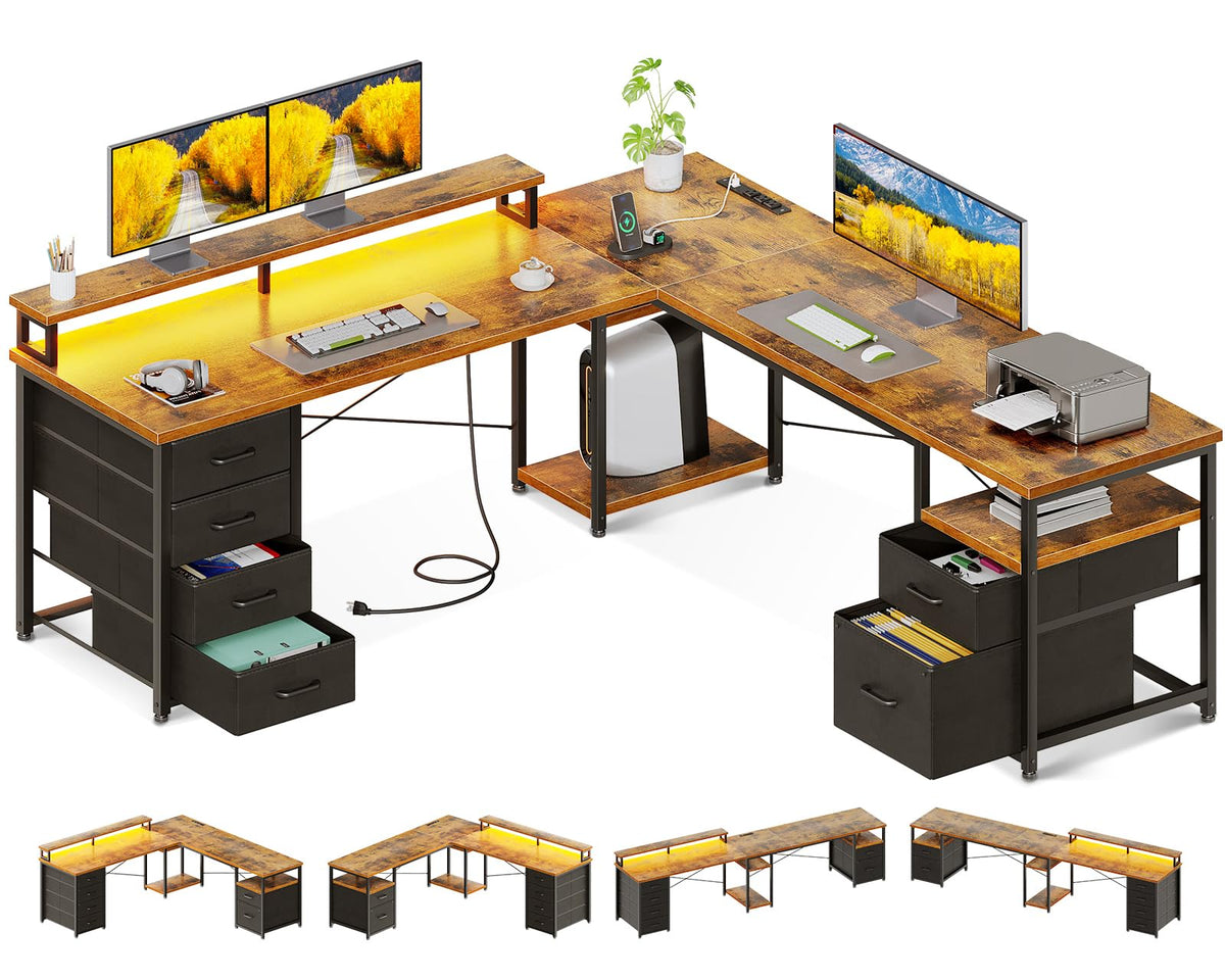 66" L Shaped Computer Desk with File Cabinet & 4 Drawers M128
