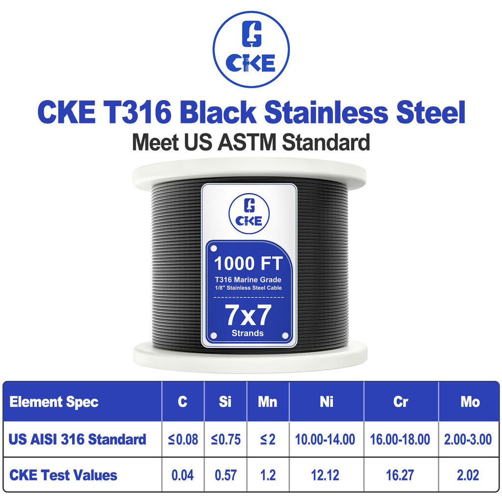 1000FT 1/8" Black T316 Stainless Steel Cable U905