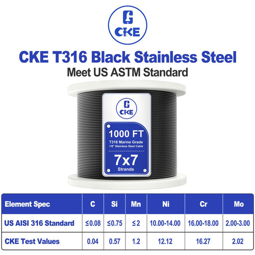 1000FT 1/8" Black T316 Stainless Steel Cable U905
