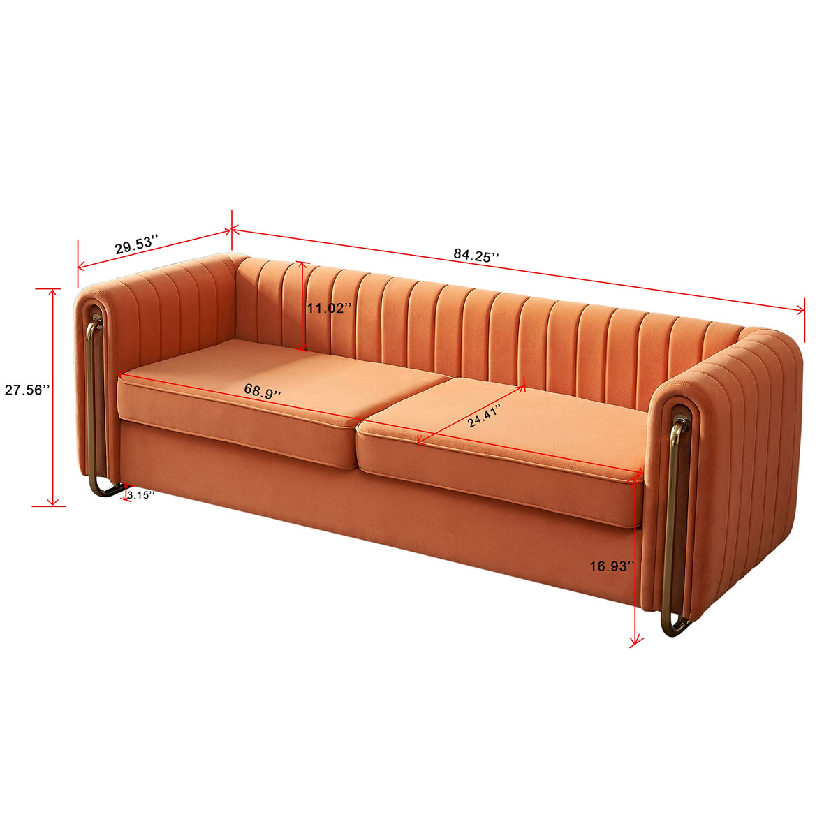 Orange Velvet 3-Seater Sofa with Gold Metal Legs X726504