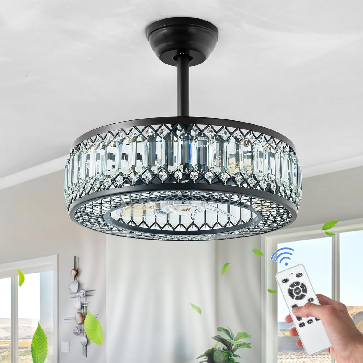 20" Black Crystal Ceiling Fan with Lights F761