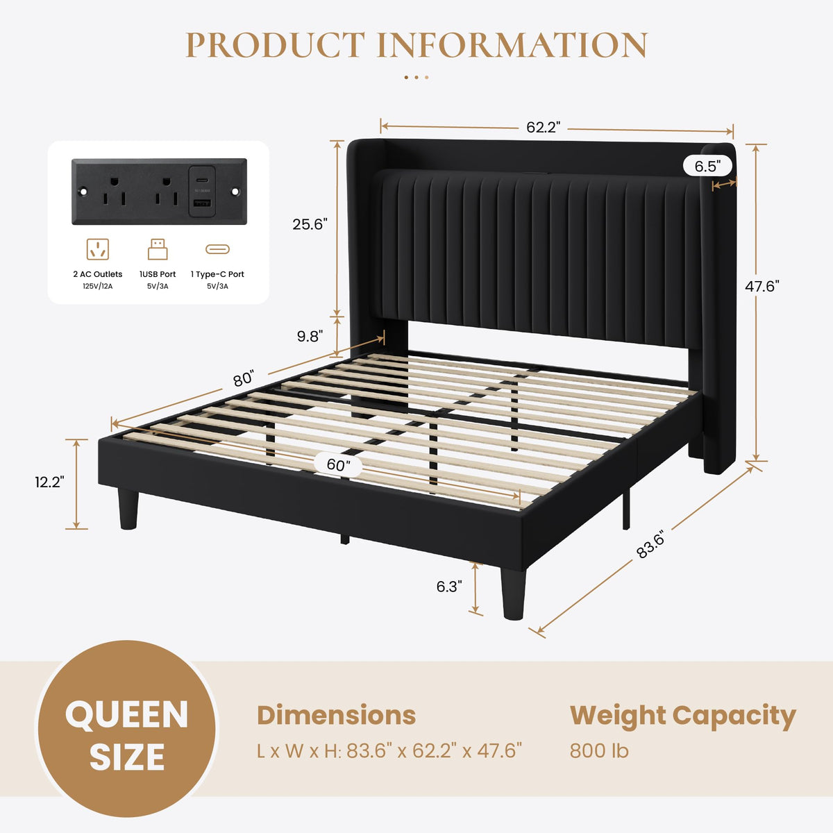 Queen Size Black Velvet Bed Frame with Shelf M39919