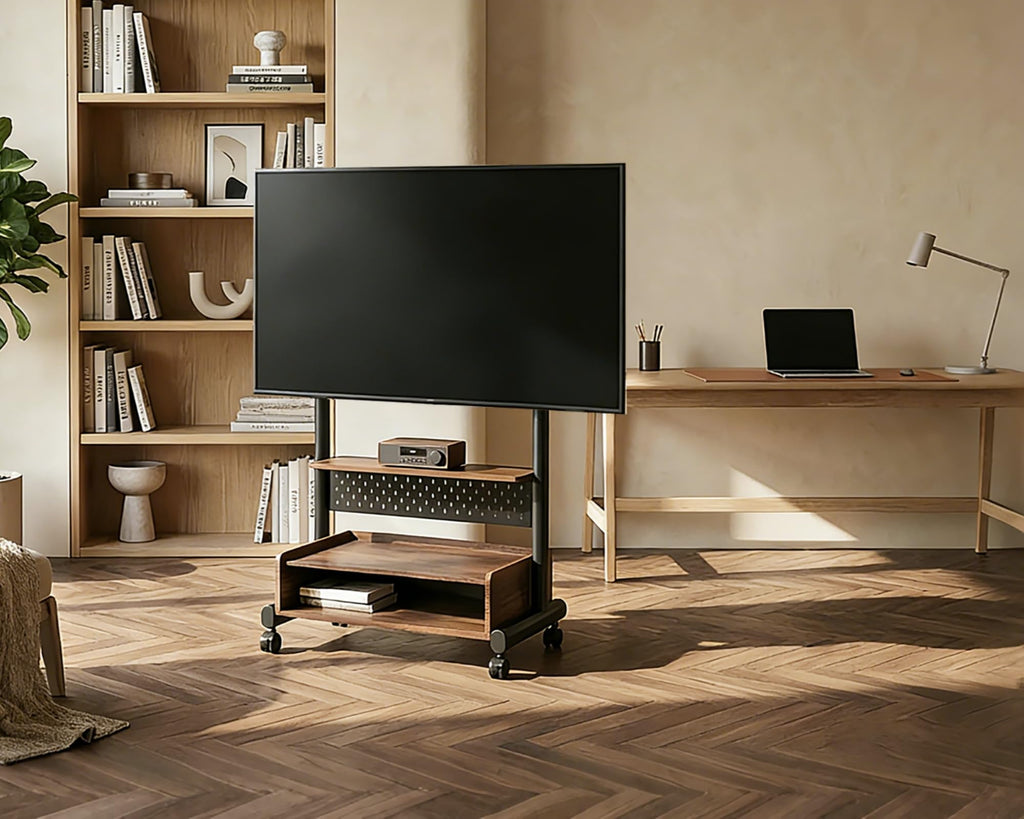 Rolling TV Floor Stand for 40-85in TVs, Height-Adjustable, Walnut X3607