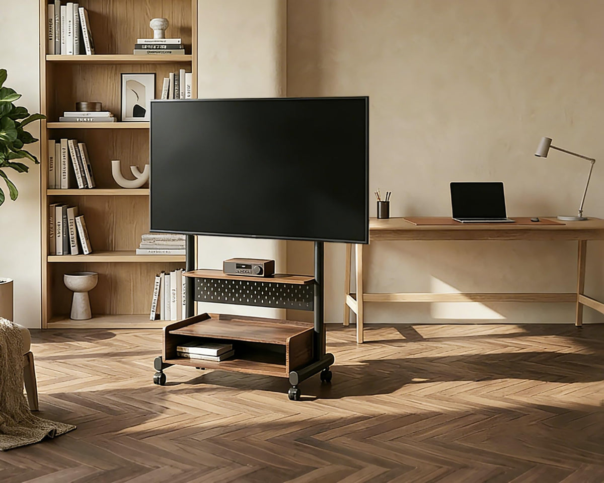 Rolling TV Floor Stand for 40-85in TVs, Height-Adjustable, Walnut X3607