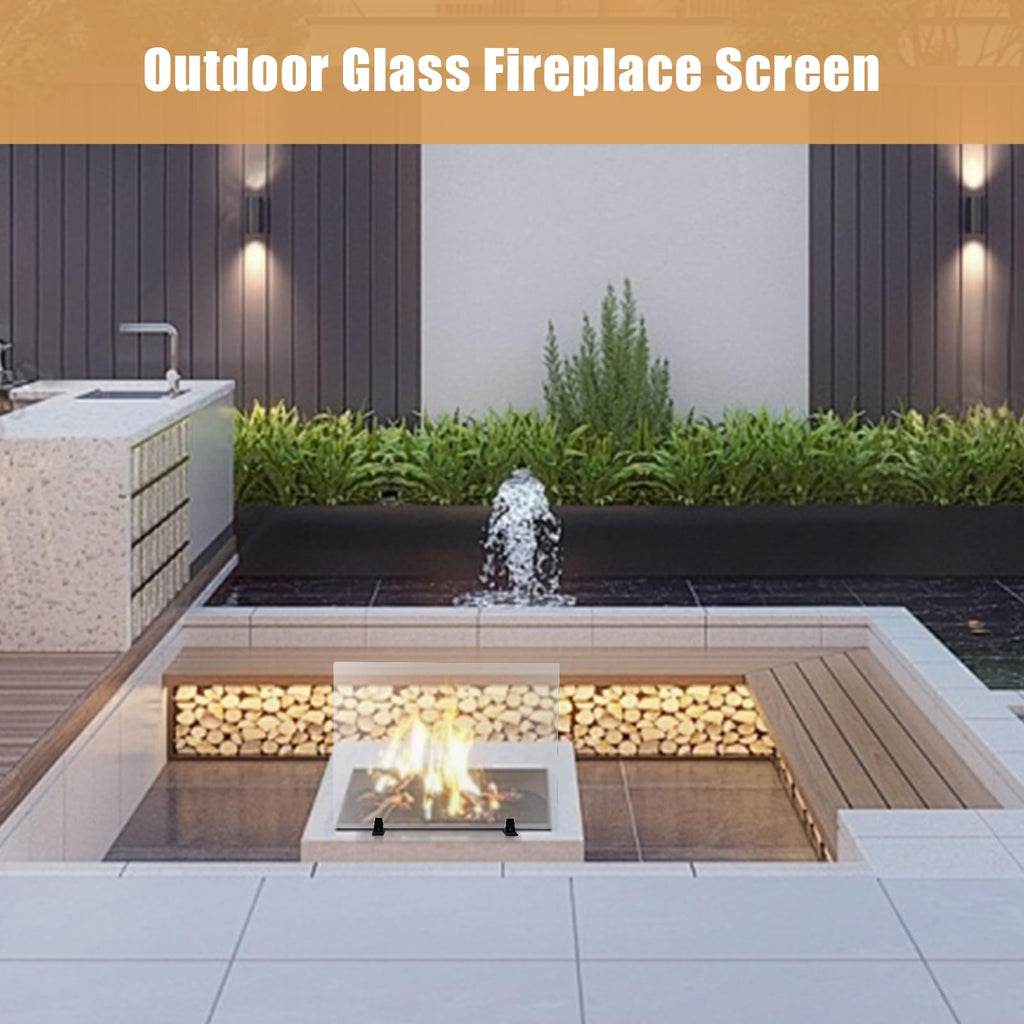 36 Inch Tempered Glass Fireplace Screen with Metal Black Base L73482