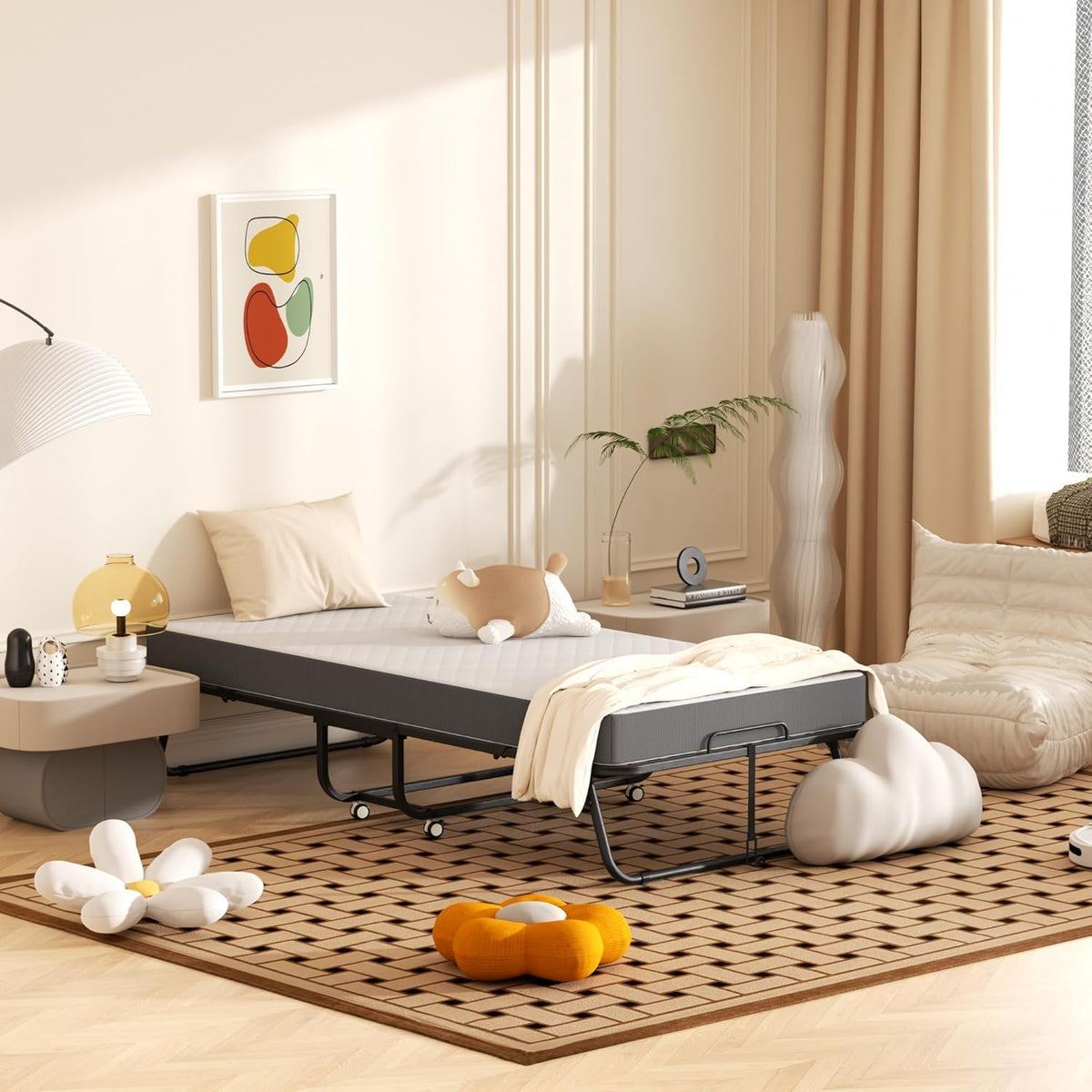Foldable Single Bed with 5" Memory Foam Mattress and Wheels V548