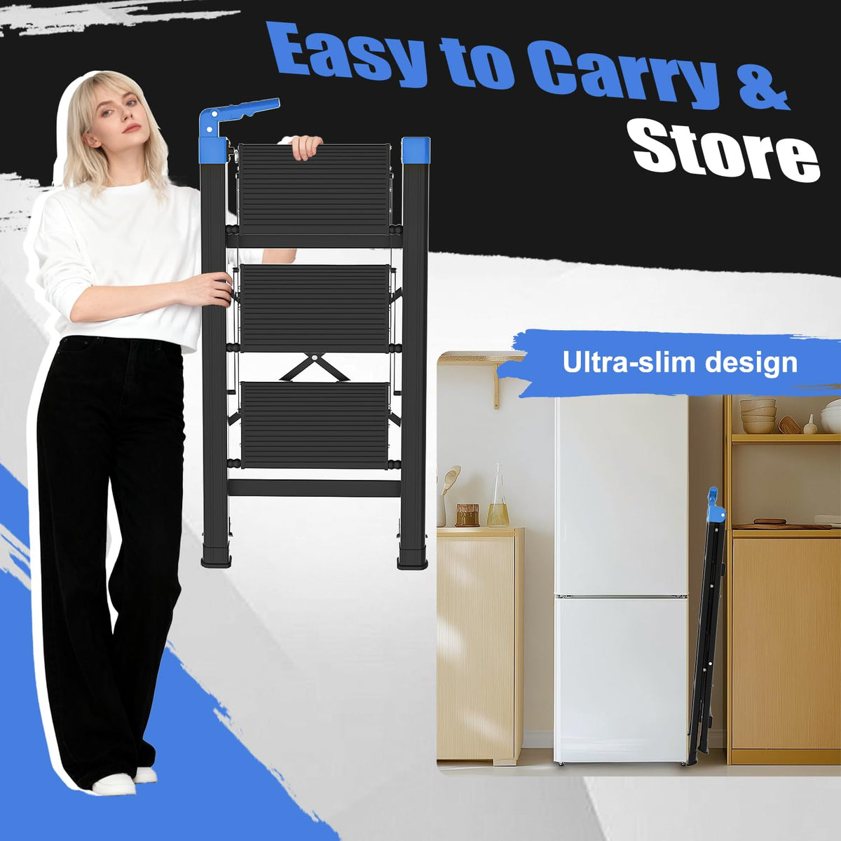 3 Step Foldable Stool with Single-Handrail Blue T70892