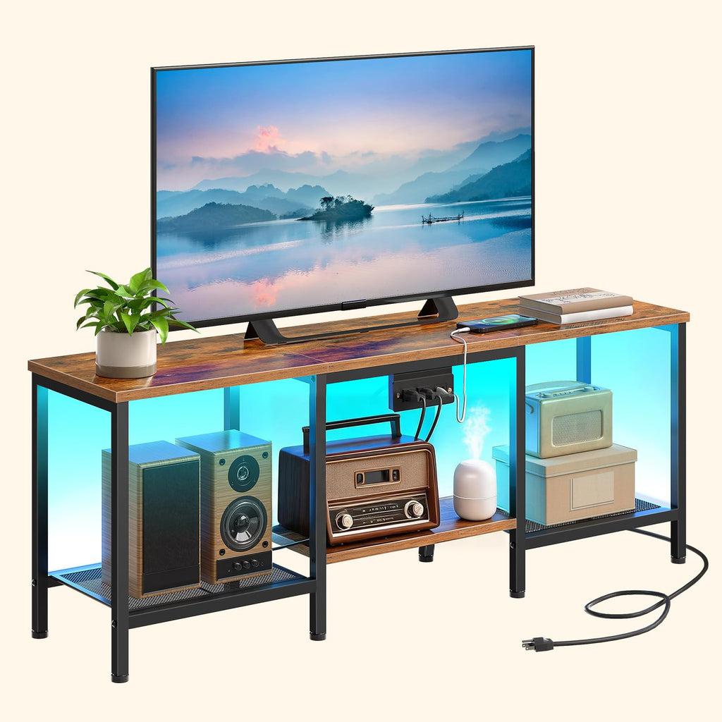 Rustic Brown and Black TV Stand with Charging Station O901627
