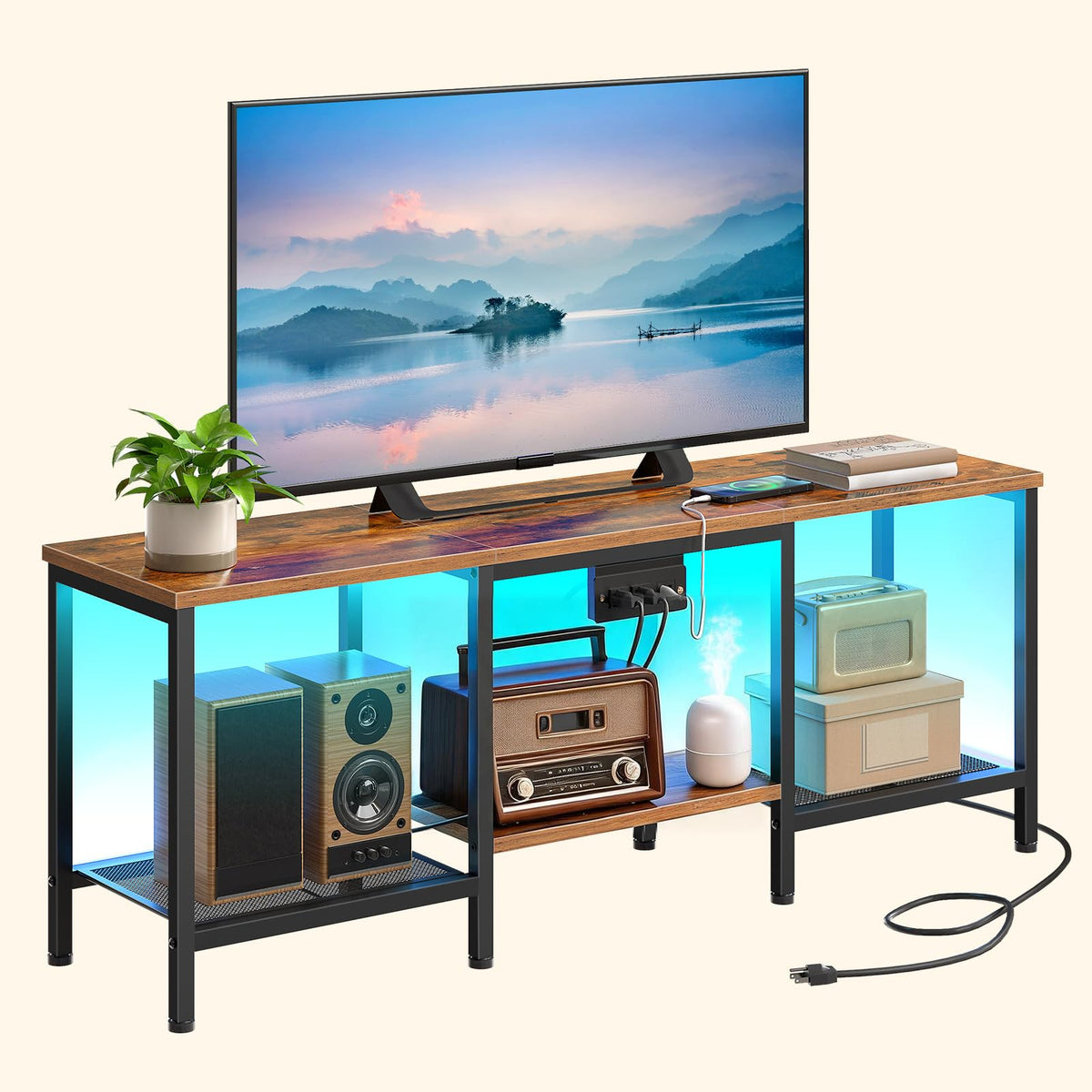 Rustic Brown and Black TV Stand with Charging Station O901627