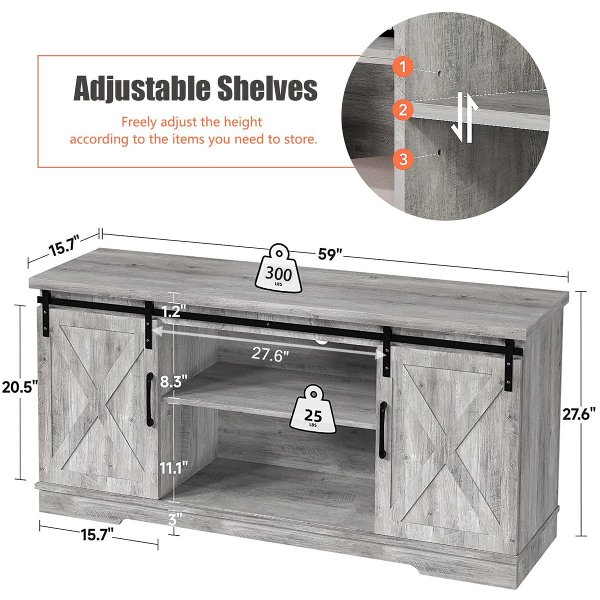 Rustic Grey TV Stand with Storage and Barn Doors M124