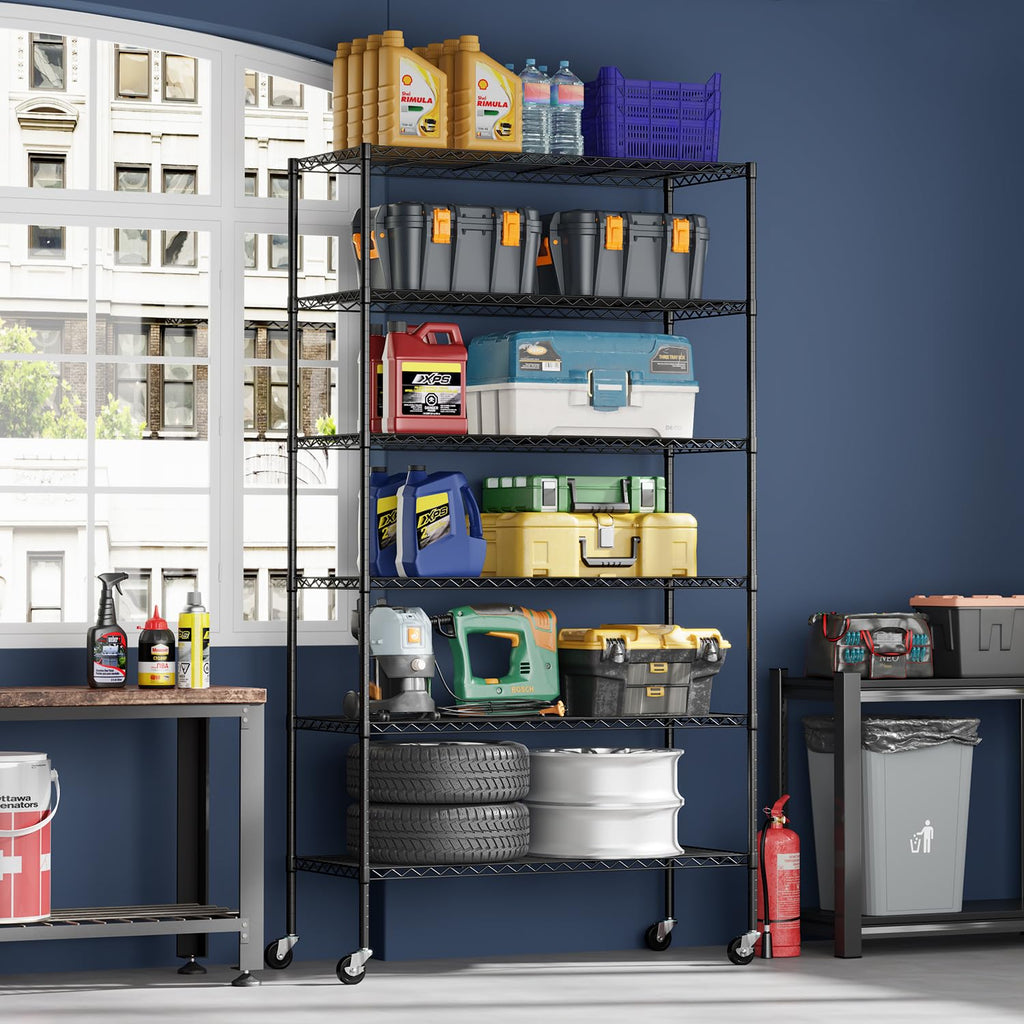6-Tier Black Wire Shelf with Wheels E748
