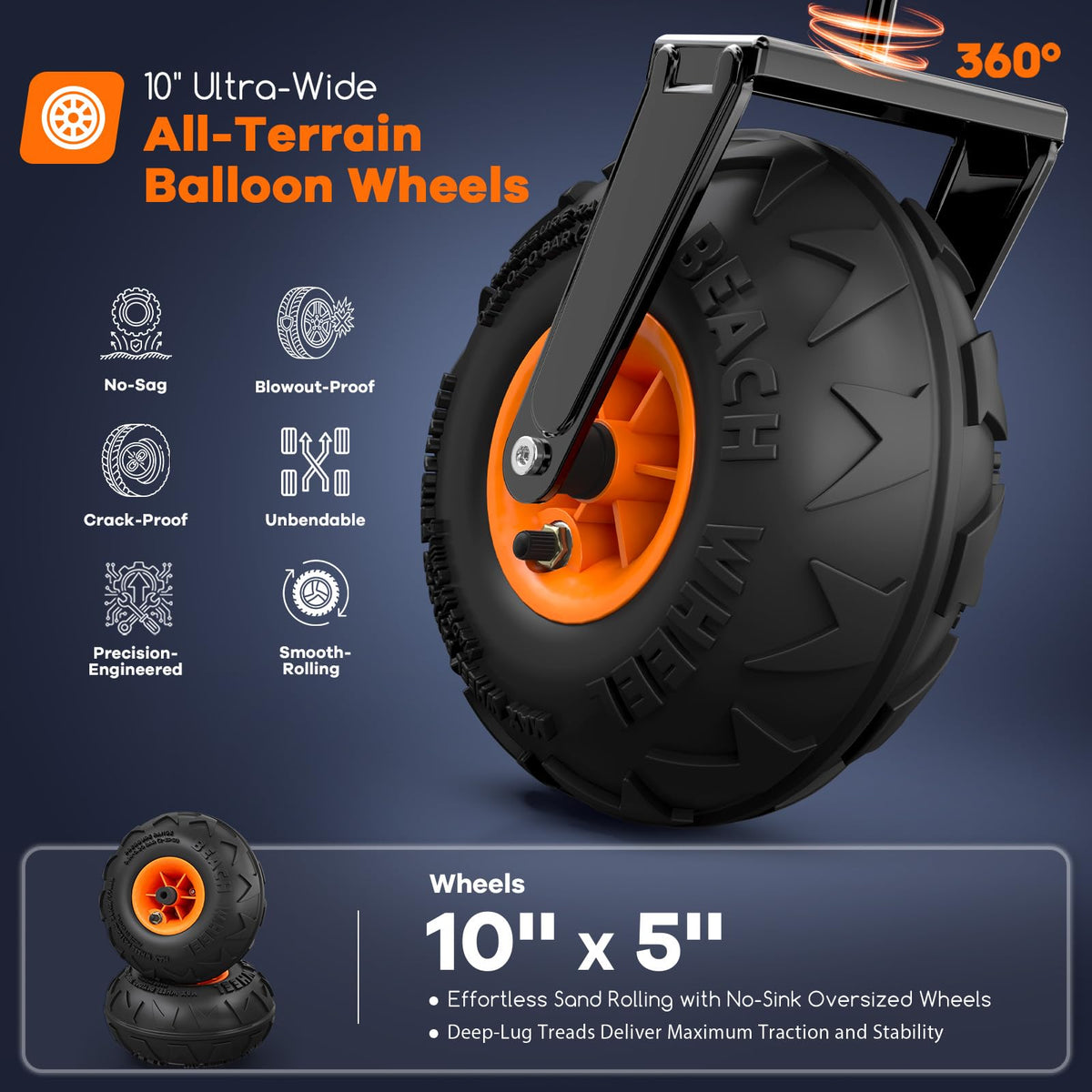 Collapsible Beach Wagon with Balloon Wheels, 560lbs, Black B87491
