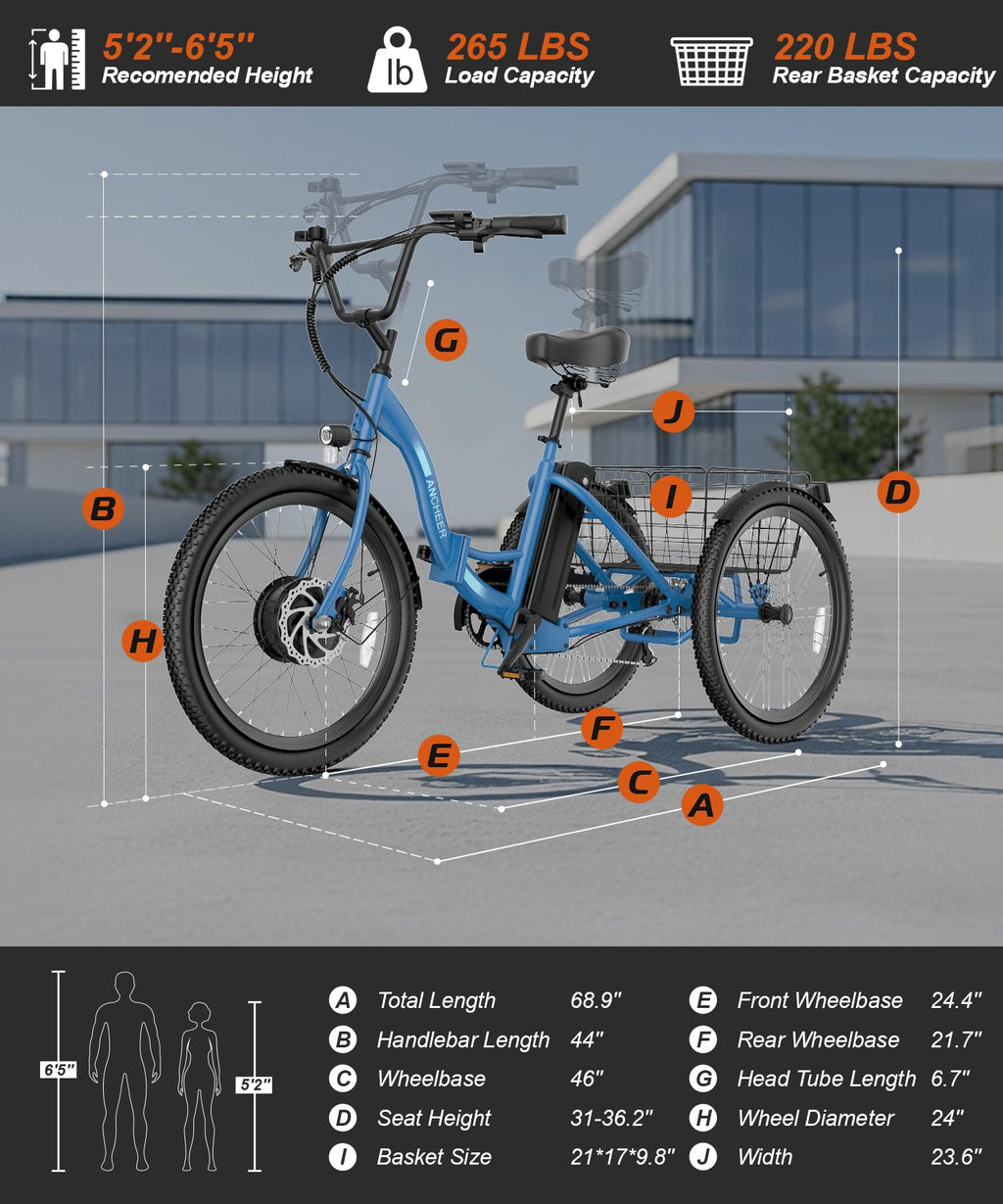 Electric Tricycle for Adults, 600W Folding, 24" 499Wh, 15.5MPH, Removable Battery, 3 Wheel, Blue M1624