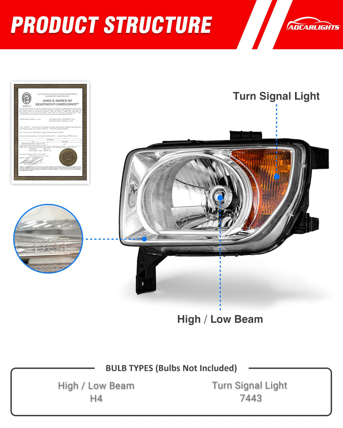 Honda Element 2003-2006 Headlight Assembly Chrome Housing Amber Reflector Driver and Passenger Side S3514