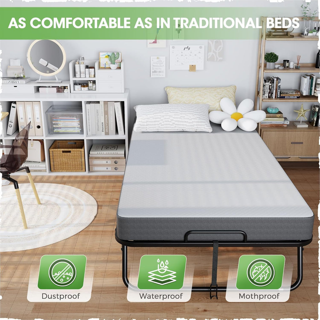 Foldable Single Bed with 5" Memory Foam Mattress and Wheels V548