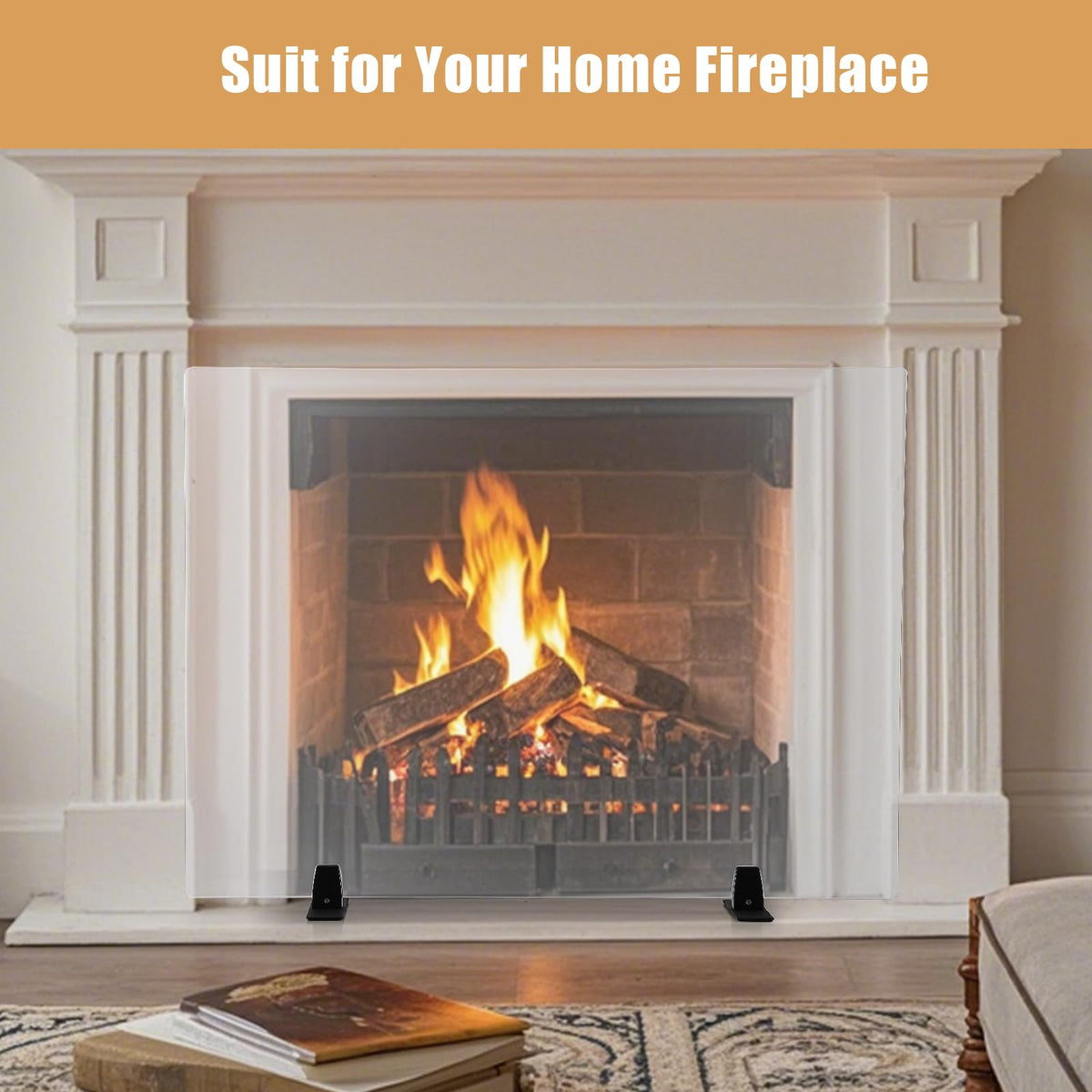 36 Inch Tempered Glass Fireplace Screen with Metal Black Base L73482