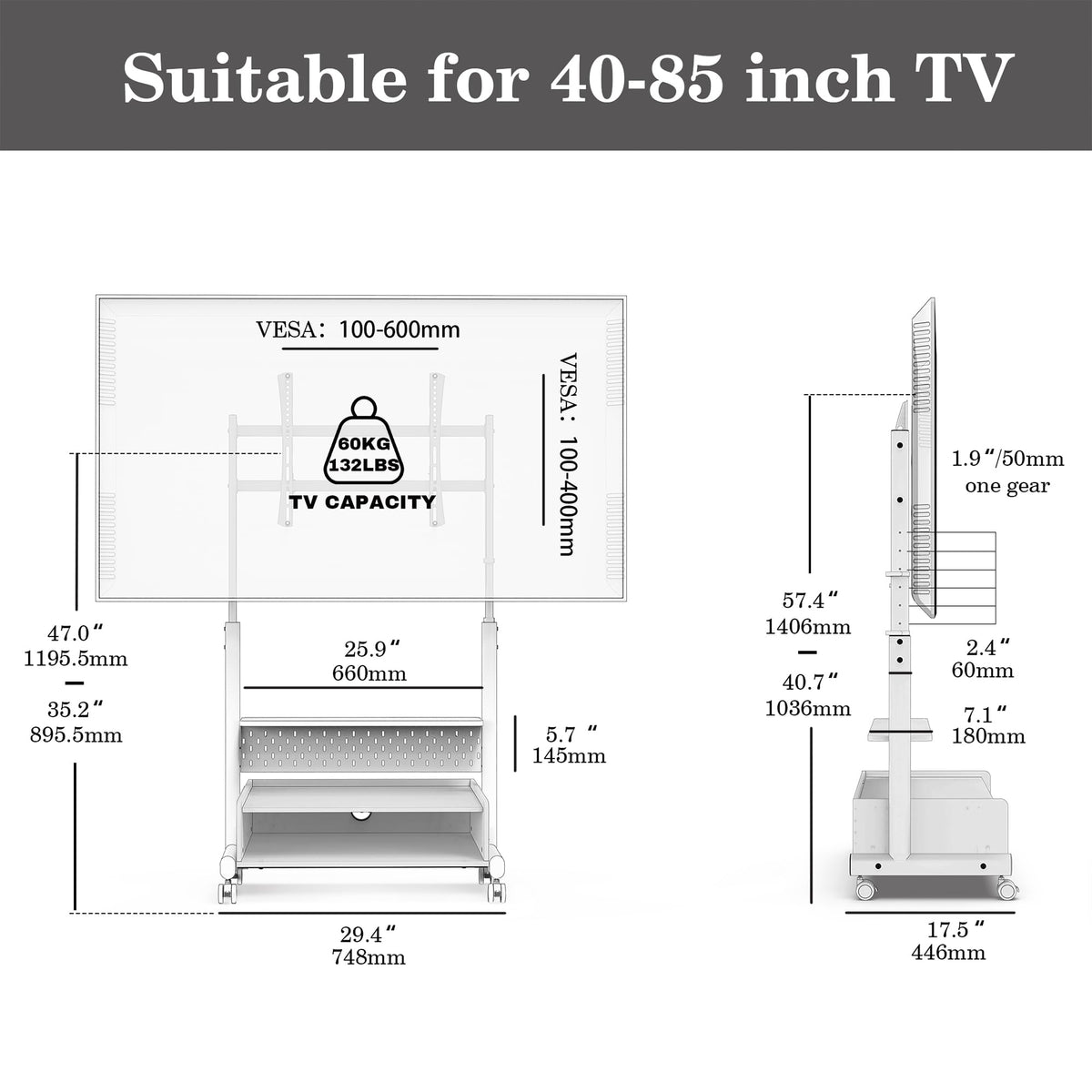 Rolling TV Floor Stand for 40-85in TVs, Height-Adjustable, Walnut X3607