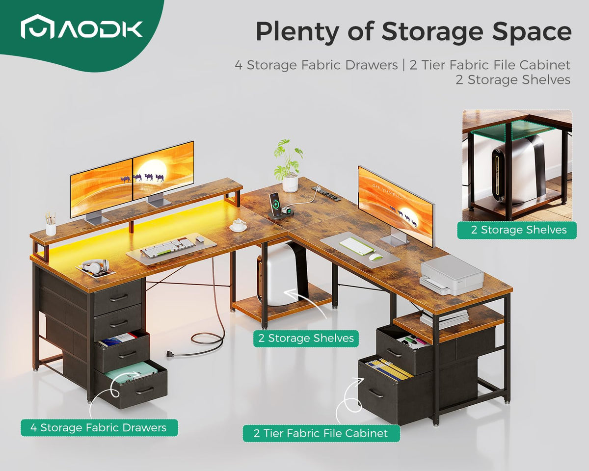 66" L Shaped Computer Desk with File Cabinet & 4 Drawers M128