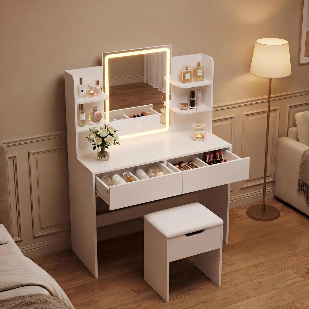 White Vanity Desk Set with LED Mirror F7975