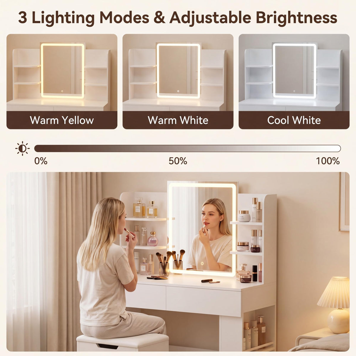 White Vanity Desk Set with LED Mirror F7975