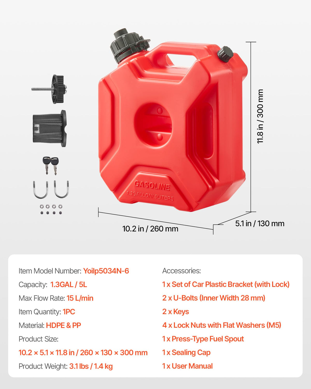 1.3 Gallon Gas Can with Spout and Lockable Bracket G91925