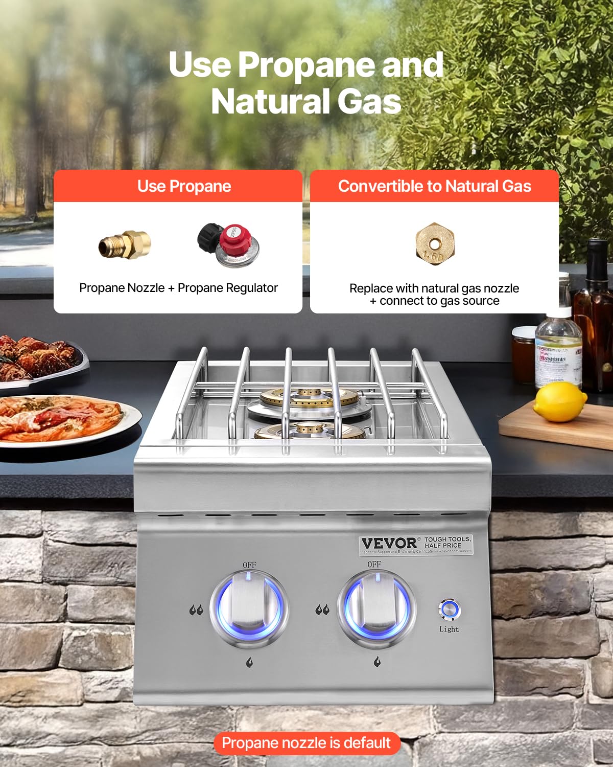 Double Side Burners, 2 x 17,000BTU Liquid Propane, Convertible to Natural Gas, 304 Stainless Steel Built-in C448457